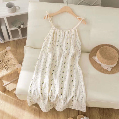 Chemise de nuit à fines bretelles rayée et fleurie en gaze de coton - image 1