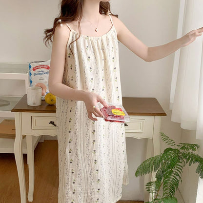 Chemise de nuit à fines bretelles rayée et fleurie en gaze de coton - image 6