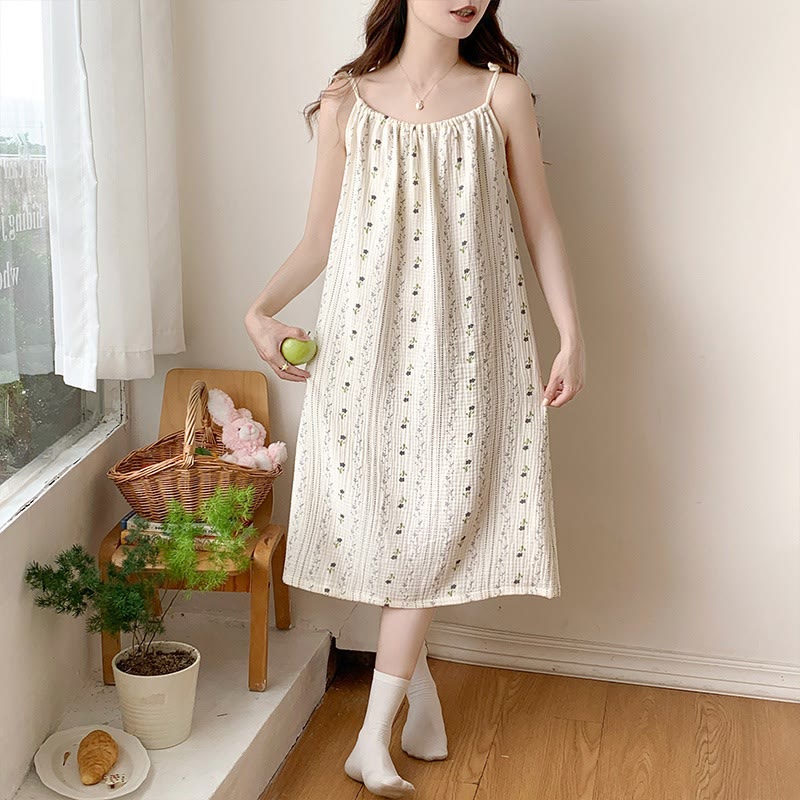 Chemise de nuit à fines bretelles rayée et fleurie en gaze de coton - image 3