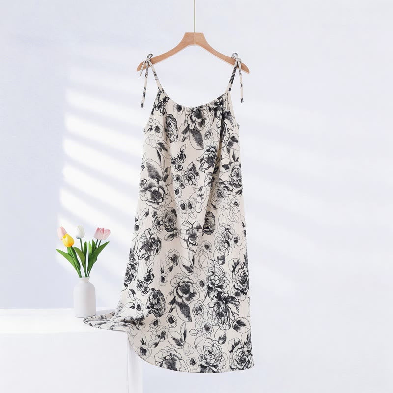 Chemise de nuit en coton ornée de motifs floraux et d'encre artistique. - Beige et noir - XXL - image 0