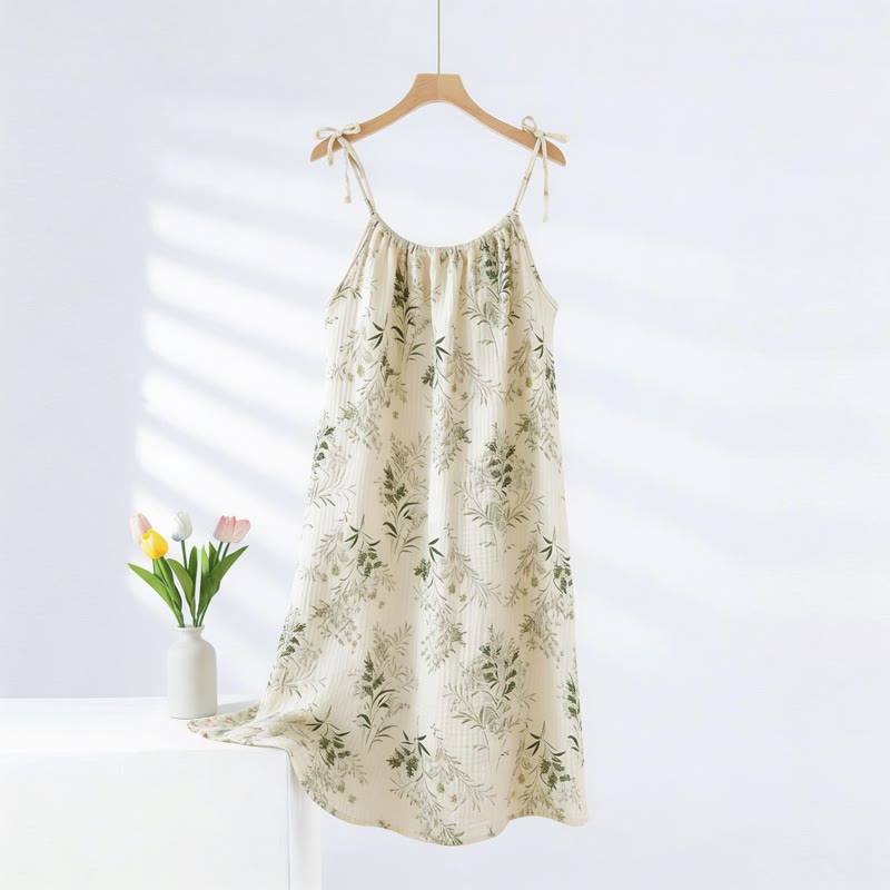 Chemise de nuit en coton à motif de feuilles champêtres fraîches - Beige - XXL - image 0