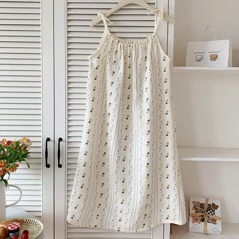 Chemise de nuit à fines bretelles rayée et fleurie en gaze de coton - image 2