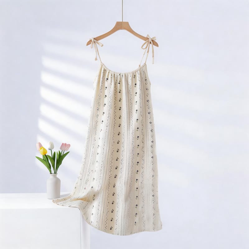 Chemise de nuit à fines bretelles rayée et fleurie en gaze de coton - Beige - XXL - image 0