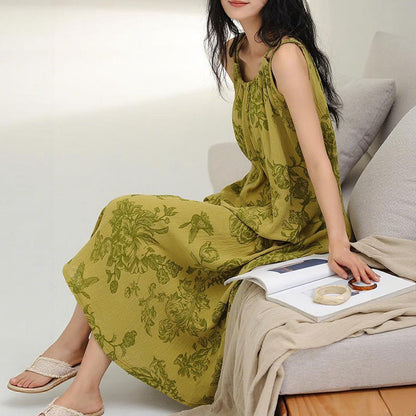 Chemise de nuit à bretelles vertes à fleurs en pur coton - image 4