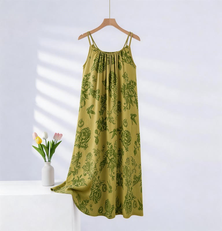 Chemise de nuit à bretelles vertes à fleurs en pur coton - Vert - XXL - image 0