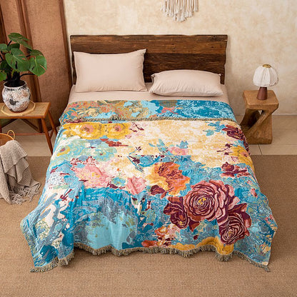 Couverture matelassée rose en gaze de coton avec pompons - 200 cm x 230 cm - image 0