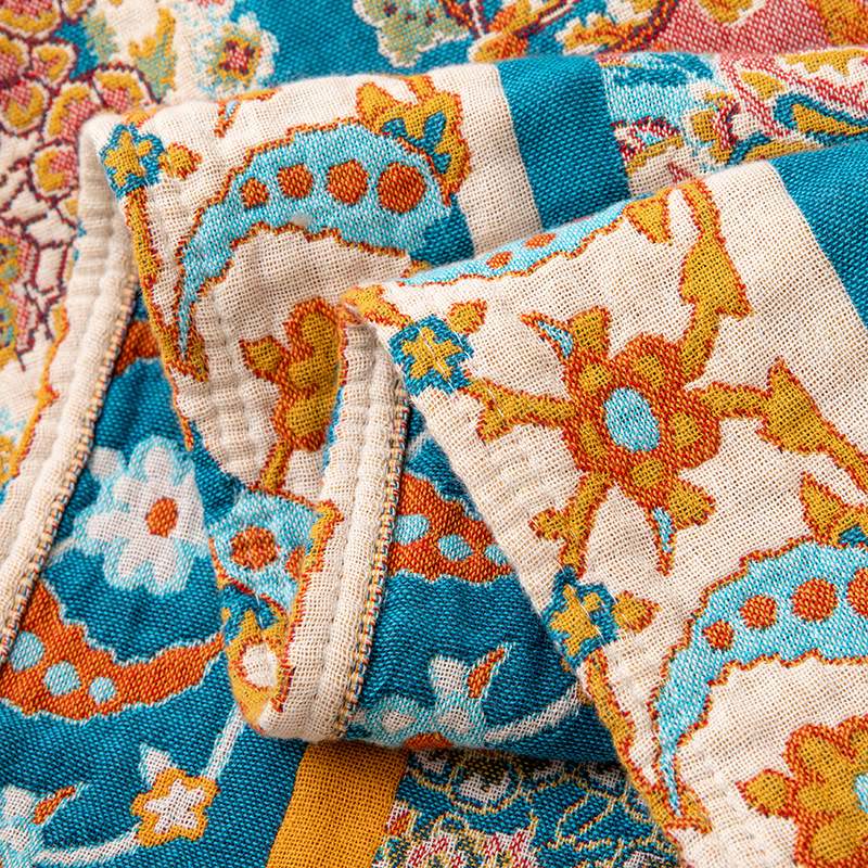 Couverture matelassée vintage à motifs, en gaze de coton avec pompons - image 6