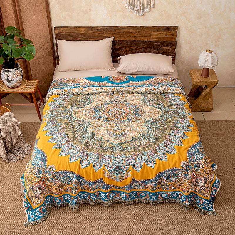 Couverture matelassée vintage à motifs, en gaze de coton avec pompons - image 1