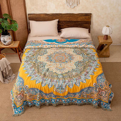 Couverture matelassée vintage à motifs, en gaze de coton avec pompons - image 1