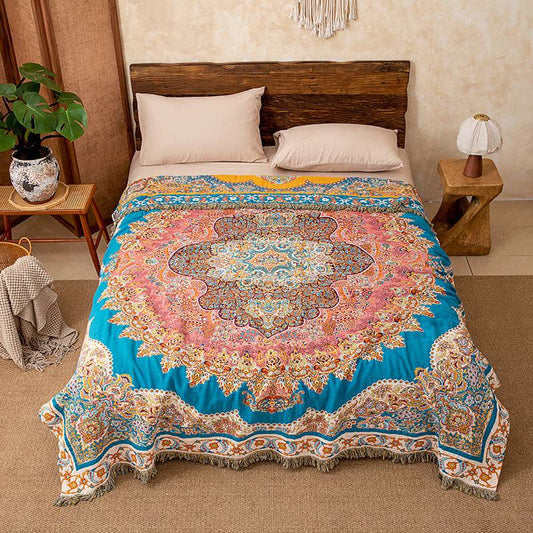 Couverture matelassée vintage à motifs, en gaze de coton avec pompons - 200 cm x 230 cm - image 0