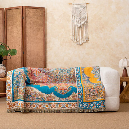 Couverture matelassée vintage à motifs, en gaze de coton avec pompons - image 3