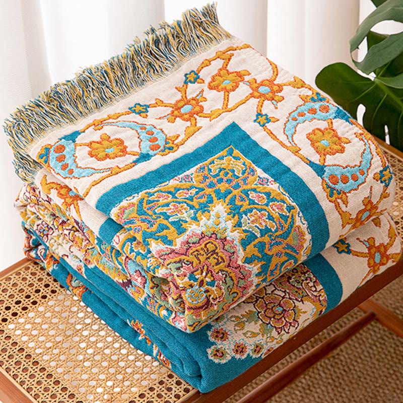 Couverture matelassée vintage à motifs, en gaze de coton avec pompons - image 4