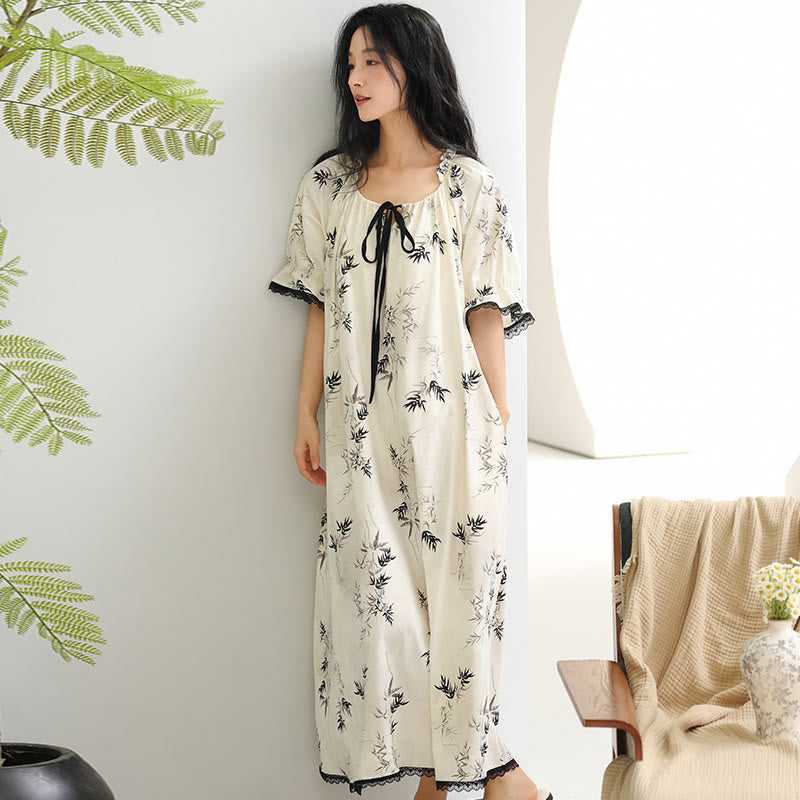 Chemise de nuit en coton à motif bambou et col à volants - image 1
