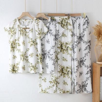 Ensemble de pyjama vintage en gaze de coton à motif pivoine - image 0