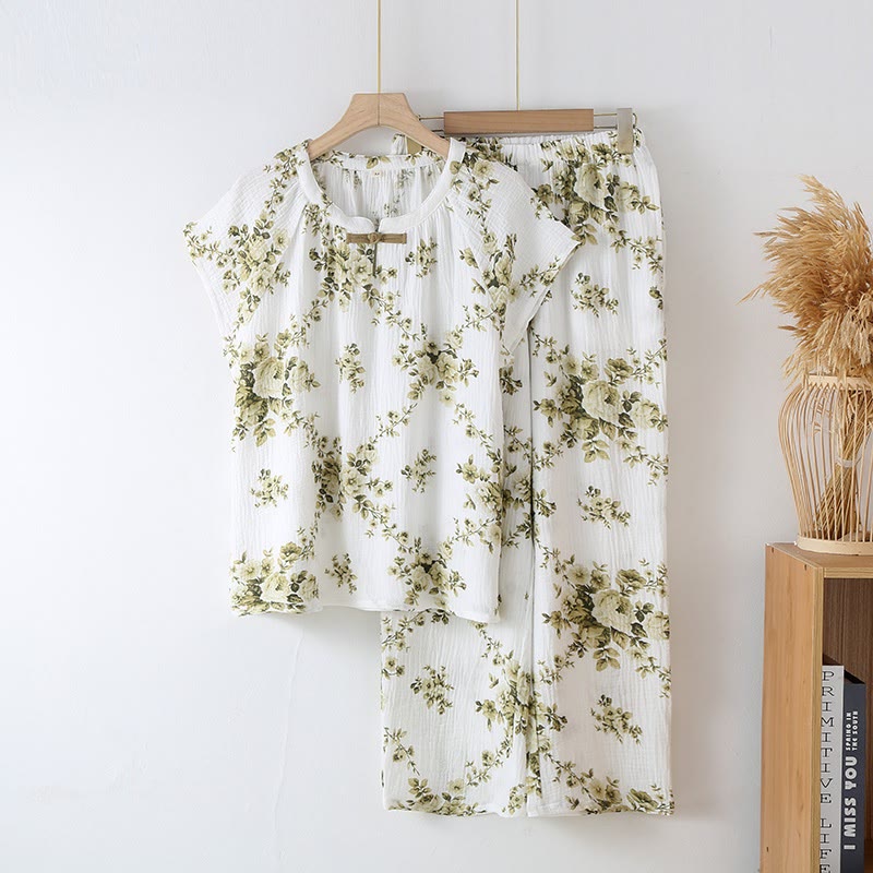 Ensemble de pyjama vintage en gaze de coton à motif pivoine - Vert - XL - image 1
