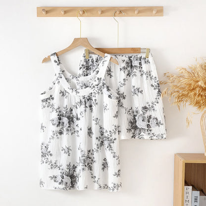 Ensemble pyjama sans manches en gaze de coton à motif pivoine - Gris - XL - image 3