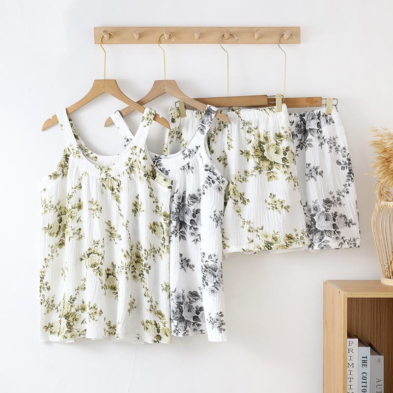 Ensemble pyjama sans manches en gaze de coton à motif pivoine - image 0