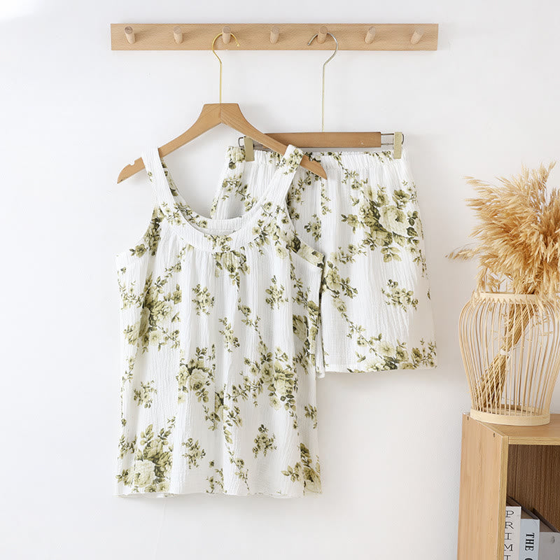 Ensemble pyjama sans manches en gaze de coton à motif pivoine - Vert - XL - image 1