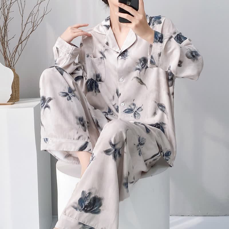 Ensemble pyjama à motifs floraux et papillons (effet délavé) - Beige - XXL - image 0