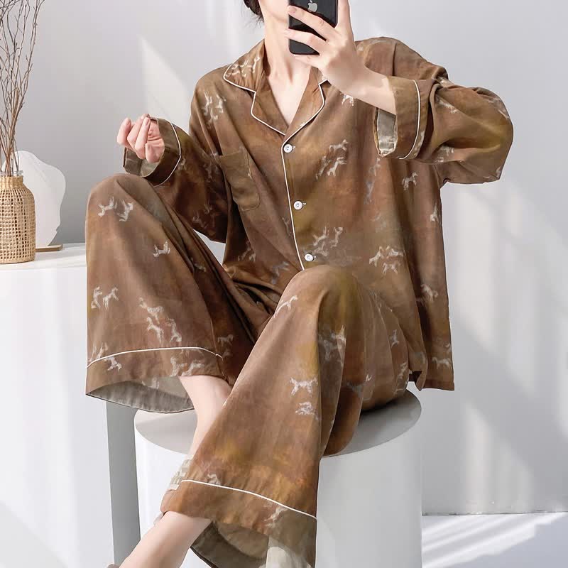 Ensemble pyjama vintage à motif cheval - Brun - XXL - image 0