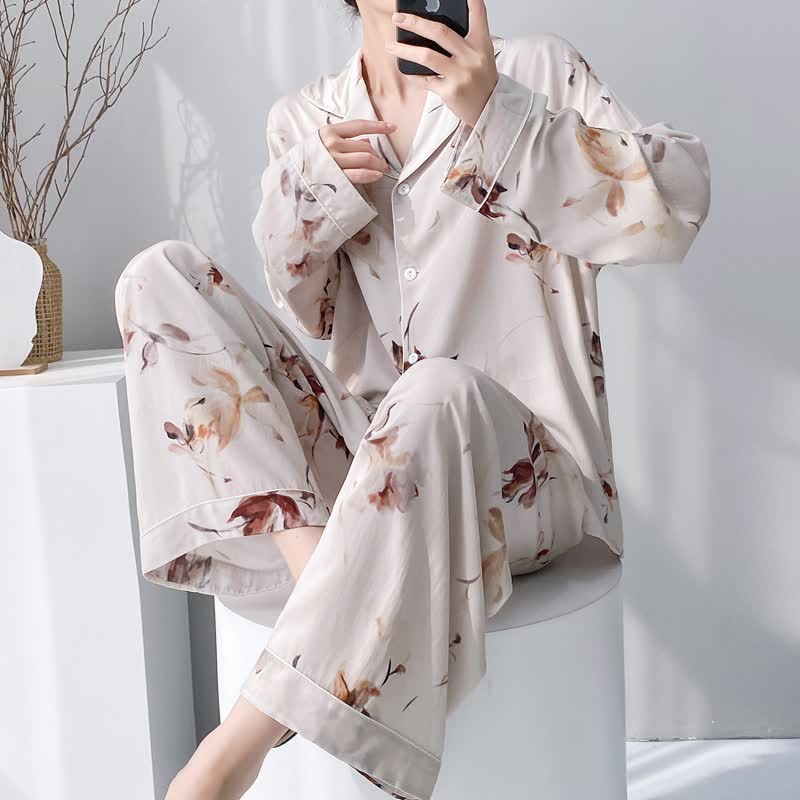 Ensemble pyjama à motif floral artistique - Beige - XXL - image 0