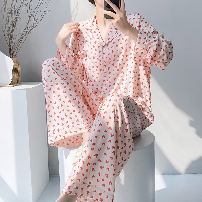 Ensemble pyjama à motif cœur rouge - Beige - XXL - image 0