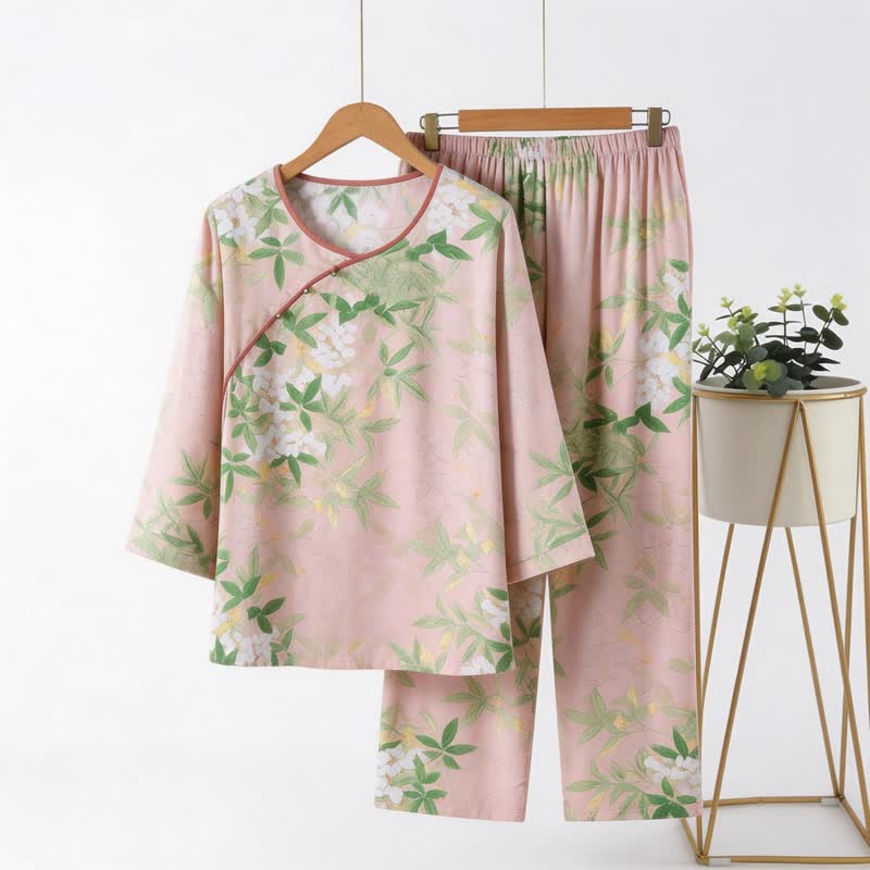 Ensemble pyjama à motifs floraux et de feuilles orientales - rose clair - 4XL - image 0