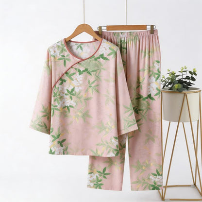Ensemble pyjama à motifs floraux et de feuilles orientales - rose clair - 4XL - image 0