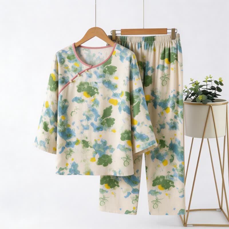Ensemble pyjama oriental avec motif aquarelle artistique - Vert et beige - 4XL - image 0