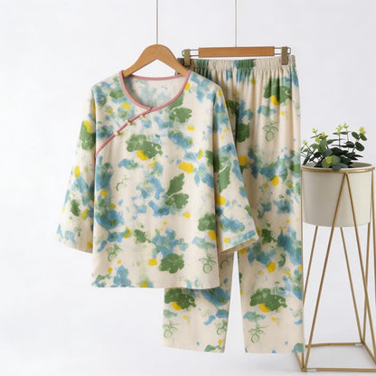 Ensemble pyjama oriental avec motif aquarelle artistique - Vert et beige - 4XL - image 0