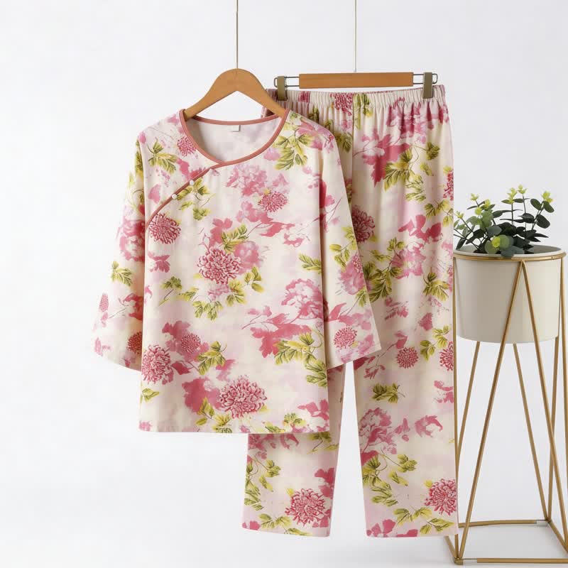 Ensemble pyjama rose oriental à motifs floraux - Rose - 4XL - image 0