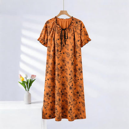 Chemise de nuit en coton à motif botanique de papillons, col à volants - caramel - XXL - image 0