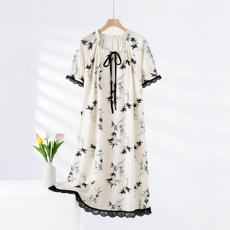 Chemise de nuit en coton à motif bambou et col à volants - Blanc et noir - XXL - image 0