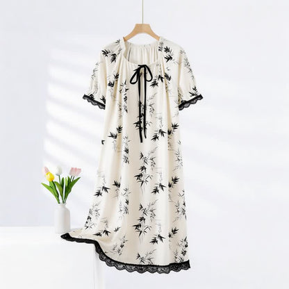 Chemise de nuit en coton à motif bambou et col à volants - Blanc et noir - XXL - image 0