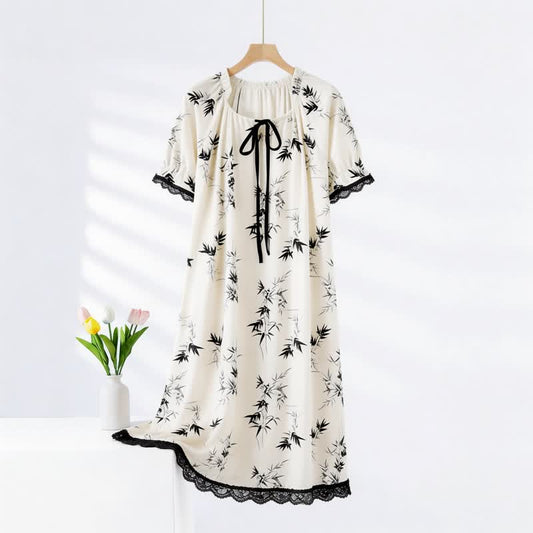 Chemise de nuit en coton à motif bambou et col à volants - Blanc et noir - XXL - image 0
