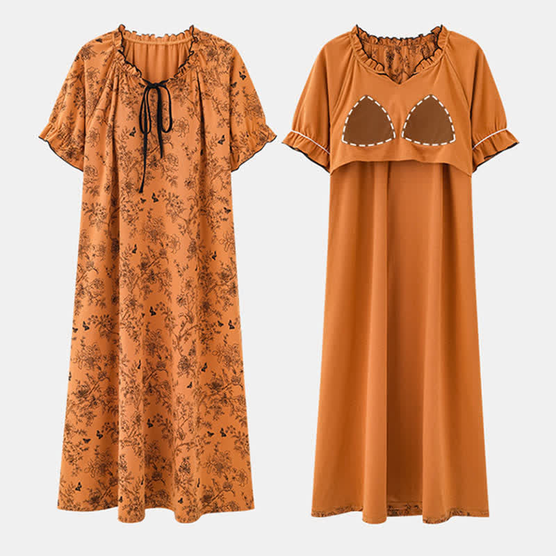 Chemise de nuit en coton à motif botanique de papillons, col à volants - image 3