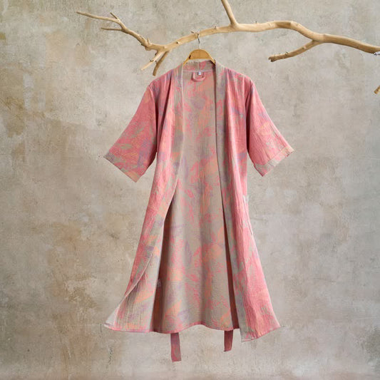 Peignoir en coton artistique à motif de feuilles, manches courtes - Rose - XL - image 0