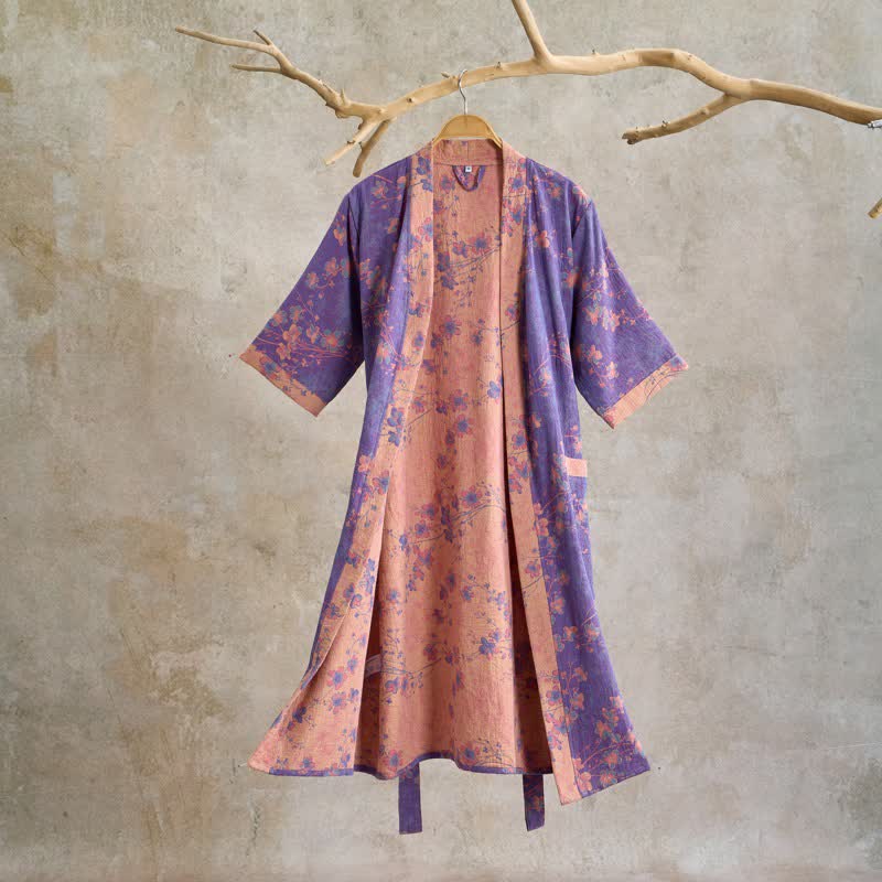 Peignoir en coton à manches courtes avec motif de branches et de fleurs - Violet - XL - image 0