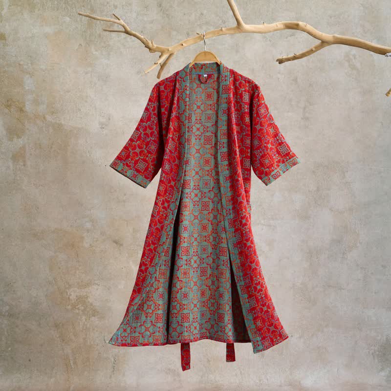 Peignoir en coton à manches courtes avec motif vintage - Rouge - XL - image 0