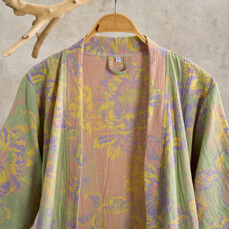 Peignoir en coton à manches courtes, orné de motifs floraux artistiques. - image 3