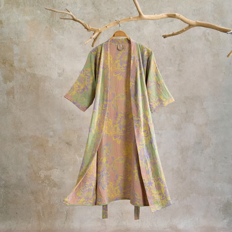 Peignoir en coton à manches courtes, orné de motifs floraux artistiques. - Vert - XL - image 0