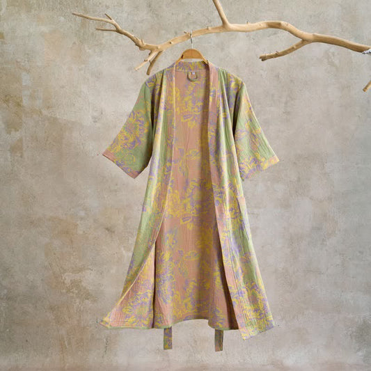 Peignoir en coton à manches courtes, orné de motifs floraux artistiques. - Vert - XL - image 0