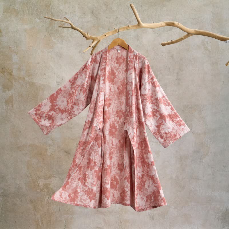 Kimono élégant en gaze de coton à motif floral - Rose - XL - image 1
