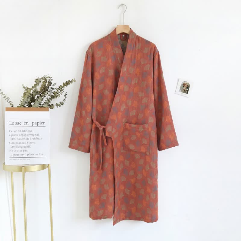 Robe yukata en gaze de coton feuilles de ginkgo - image 4