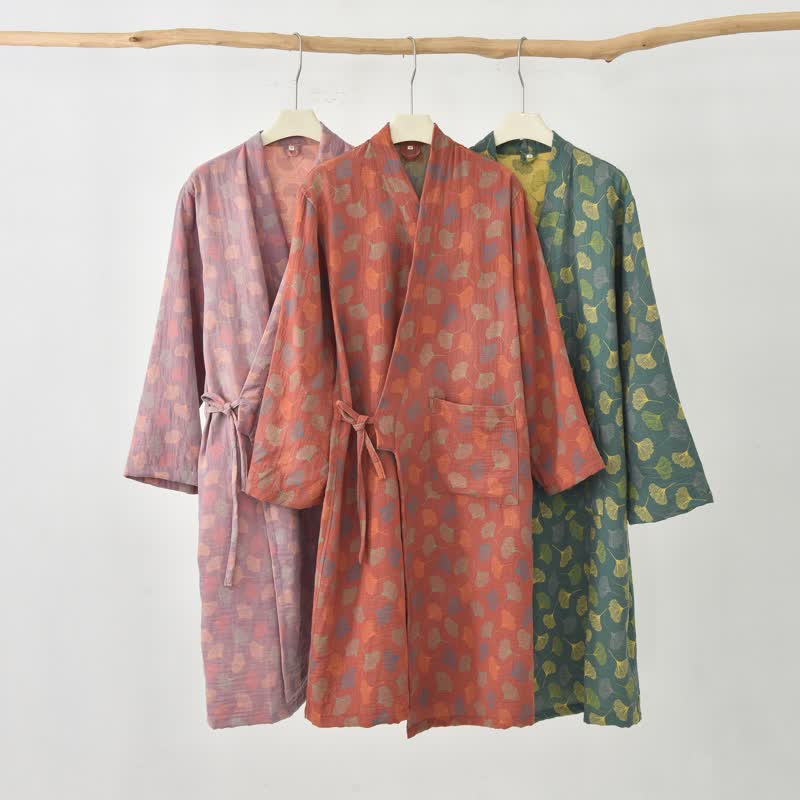Robe yukata en gaze de coton feuilles de ginkgo - image 0