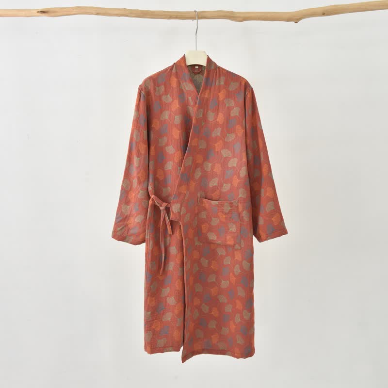 Robe yukata en gaze de coton feuilles de ginkgo - Rouge - XXL - image 3