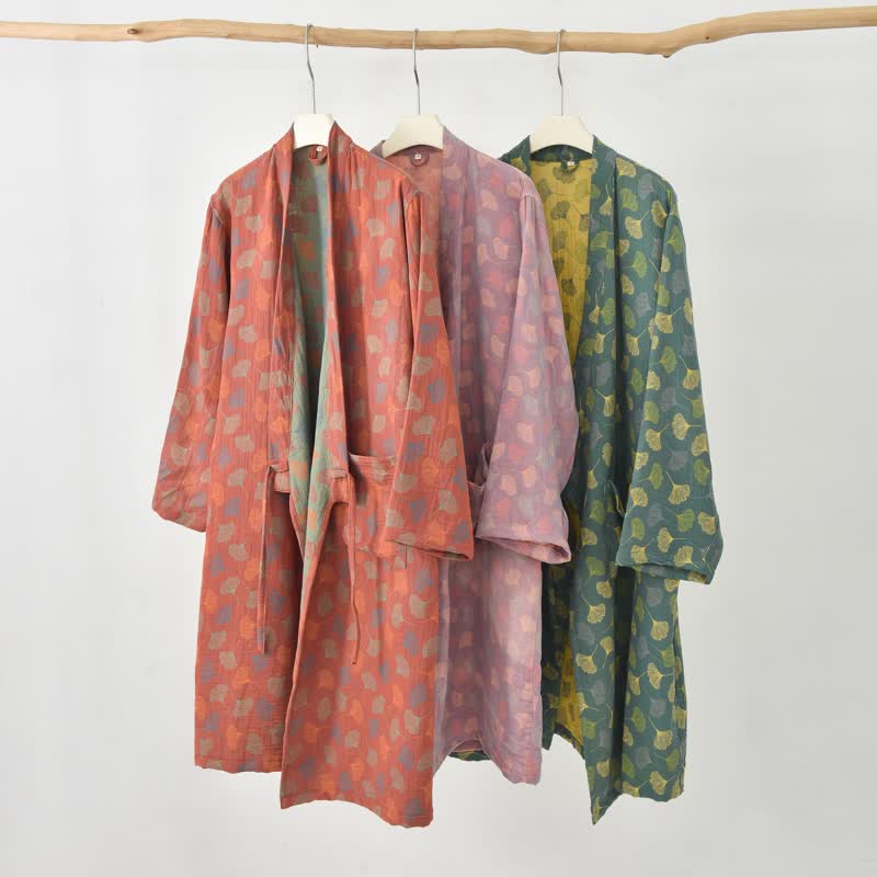 Robe yukata en gaze de coton feuilles de ginkgo - image 2