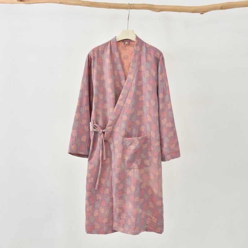 Robe yukata en gaze de coton feuilles de ginkgo - Rose - XXL - image 14