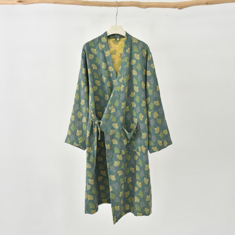 Robe yukata en gaze de coton feuilles de ginkgo - Vert - XXL - image 16