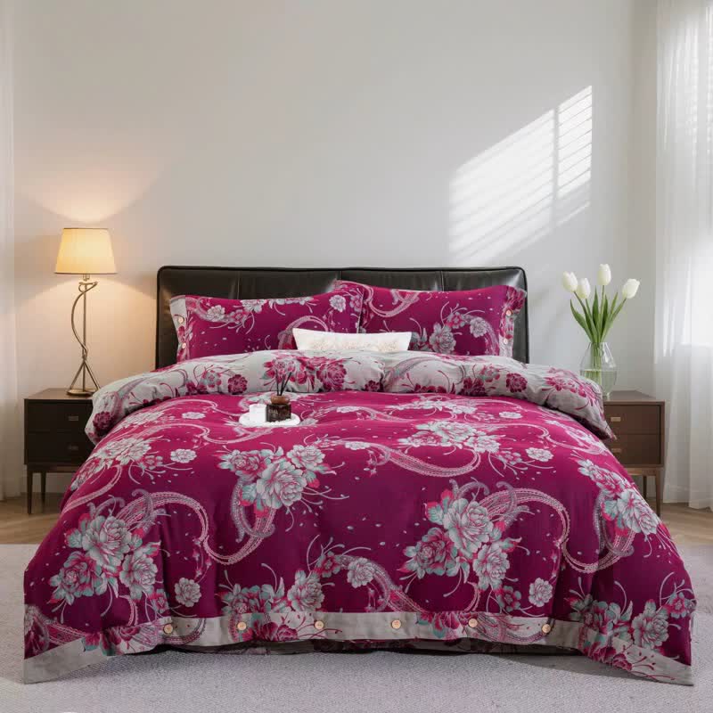 Parure de lit luxueuse en gaze de coton à motif pivoine (4 pièces) - 220 cm x 240 cm - image 0